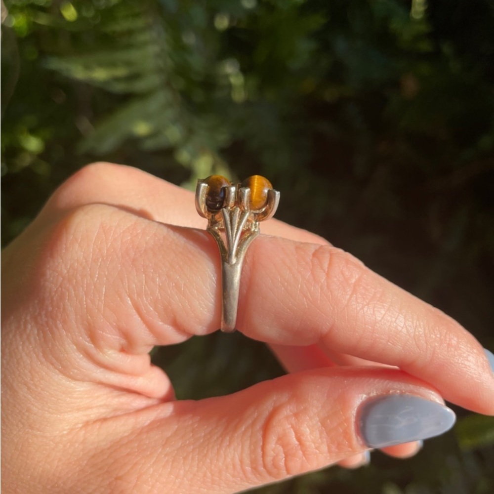 Sterling silver tiger eye double sphere vintage ring size 6 - Picture 3 of 8